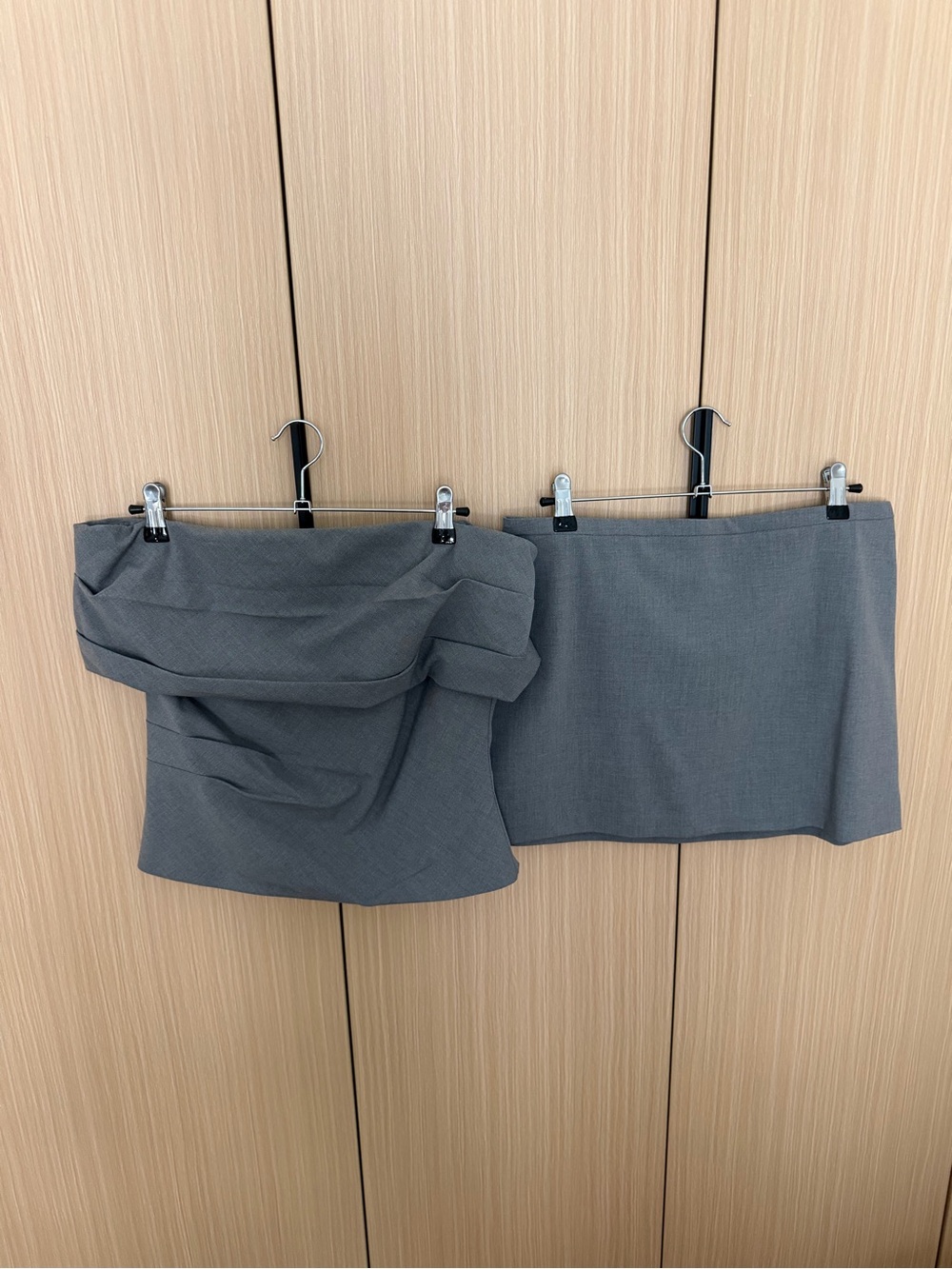 Kookai Gray Mini Skirt set with off the shoulder top